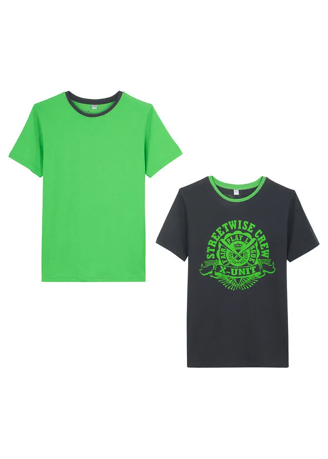 Camiseta para niños (2 unidades) de algodón orgánico Negro/verde brillante